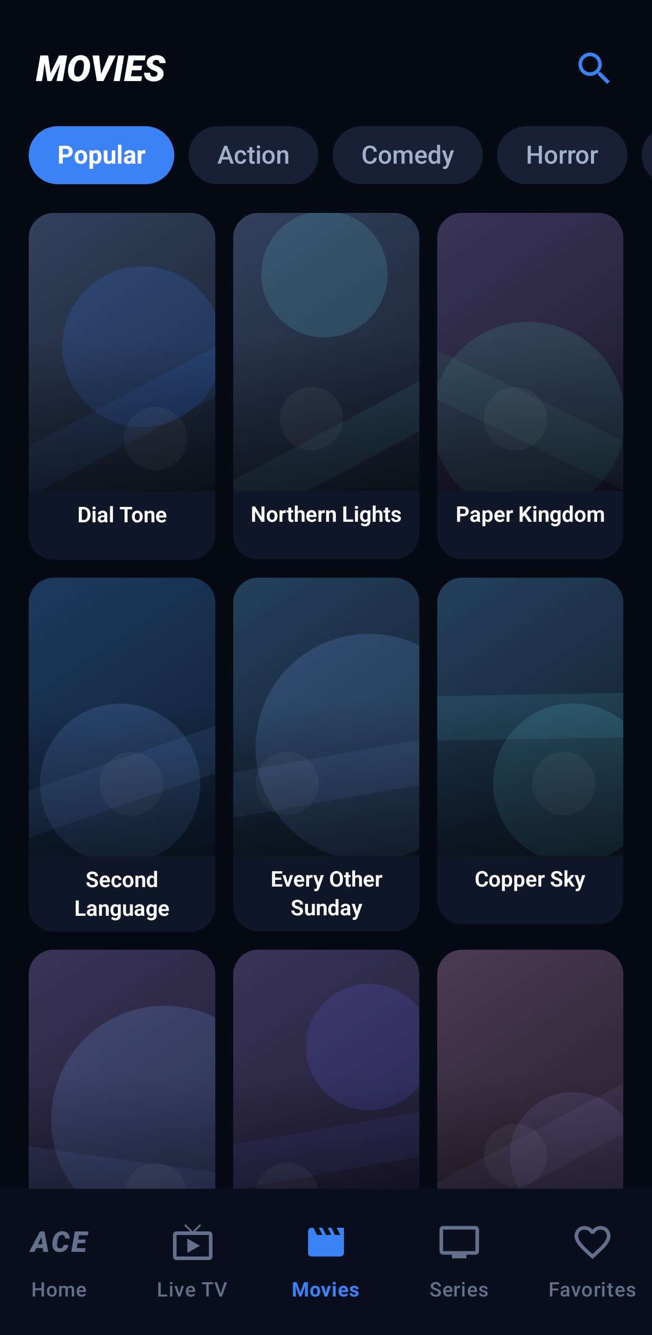 ACE Player movies library showing a poster grid with category filters